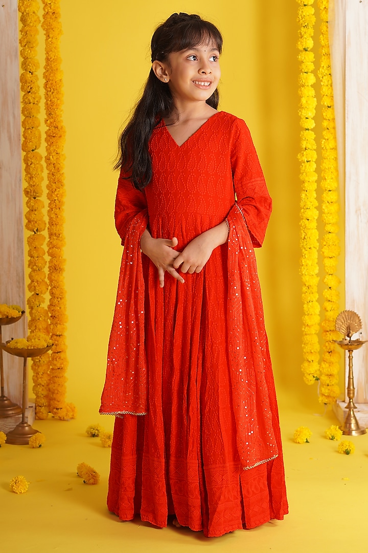 Red Rayon Chikankari Embroidered Anarkali Set For Girls by Mei & Zu at Pernia's Pop Up Shop