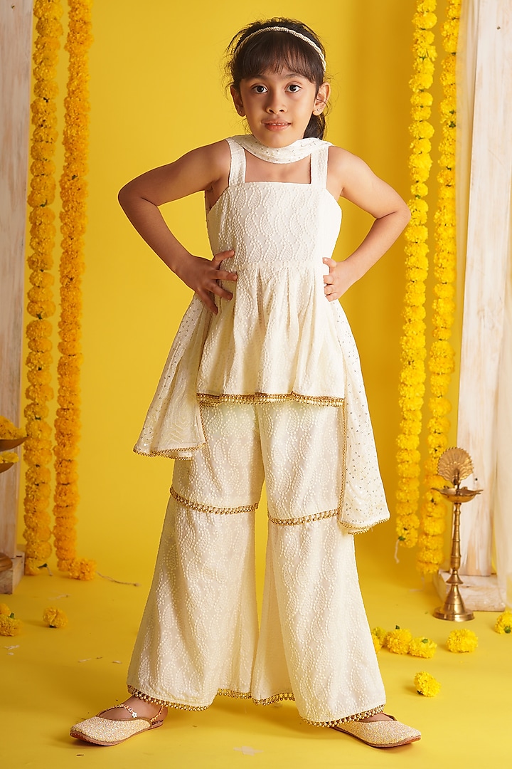 Off-White Rayon Embroidered Sharara Set For Girls by Mei & Zu at Pernia's Pop Up Shop