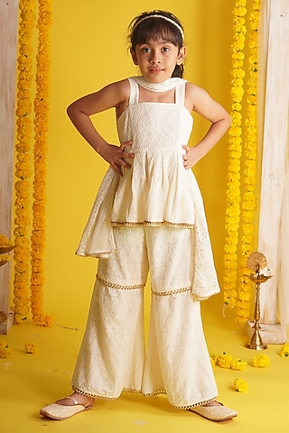 Off-White Rayon Embroidered Sharara Set For Girls by Mei & Zu