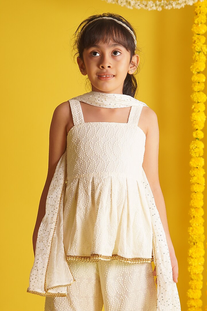 Off-White Rayon Embroidered Sharara Set For Girls by Mei & Zu at Pernia's Pop Up Shop