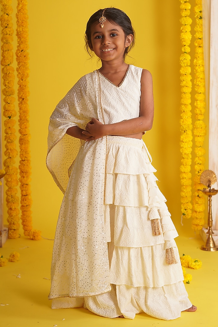 Off-White Rayon Chikankari Embroidered Tiered Lehenga Set For Girls by Mei & Zu at Pernia's Pop Up Shop