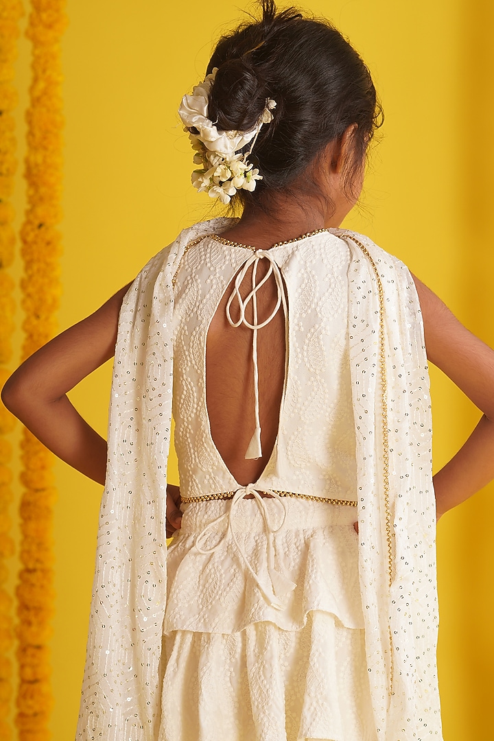 Off-White Rayon Chikankari Embroidered Tiered Lehenga Set For Girls by Mei & Zu at Pernia's Pop Up Shop