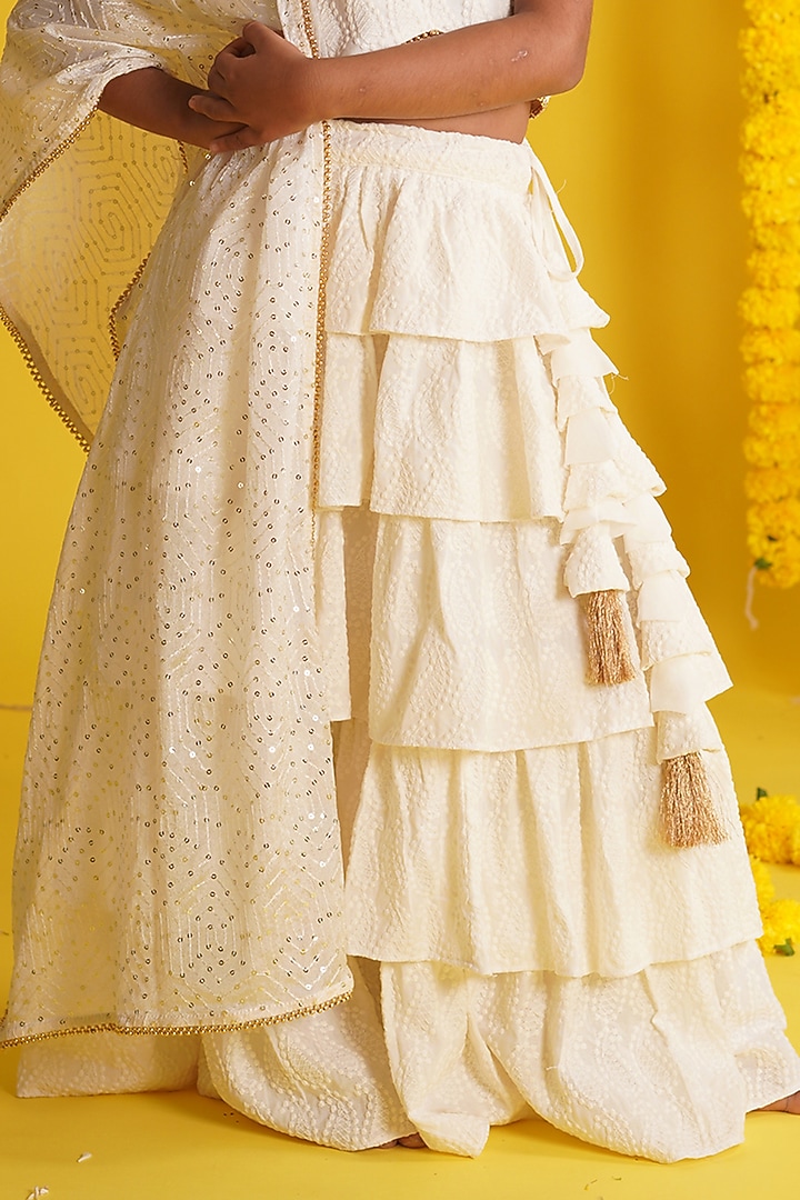 Off-White Rayon Chikankari Embroidered Tiered Lehenga Set For Girls by Mei & Zu at Pernia's Pop Up Shop
