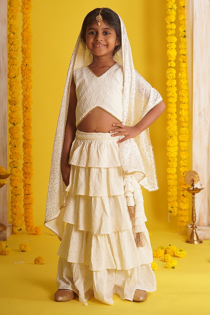 Off-White Rayon Chikankari Embroidered Tiered Lehenga Set For Girls by Mei & Zu at Pernia's Pop Up Shop