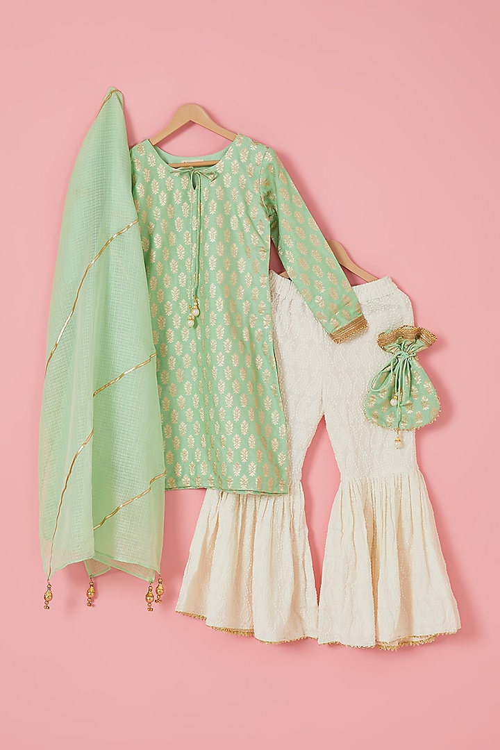 Off-White Rayon Embellished Sharara Set For Girls by Mei & Zu
