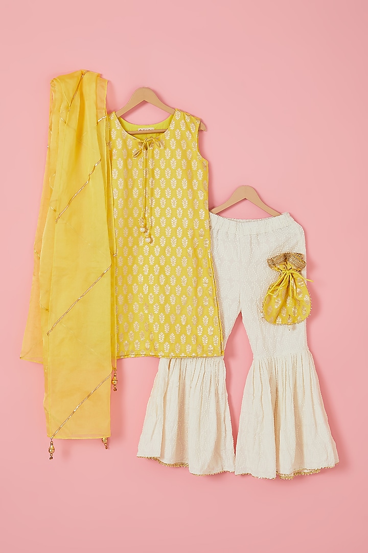 Off-White Rayon Embellished Sharara Set For Girls by Mei & Zu