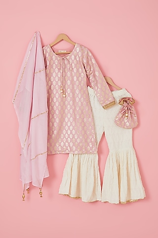Off-White Rayon Embellished Sharara Set For Girls by Mei & Zu