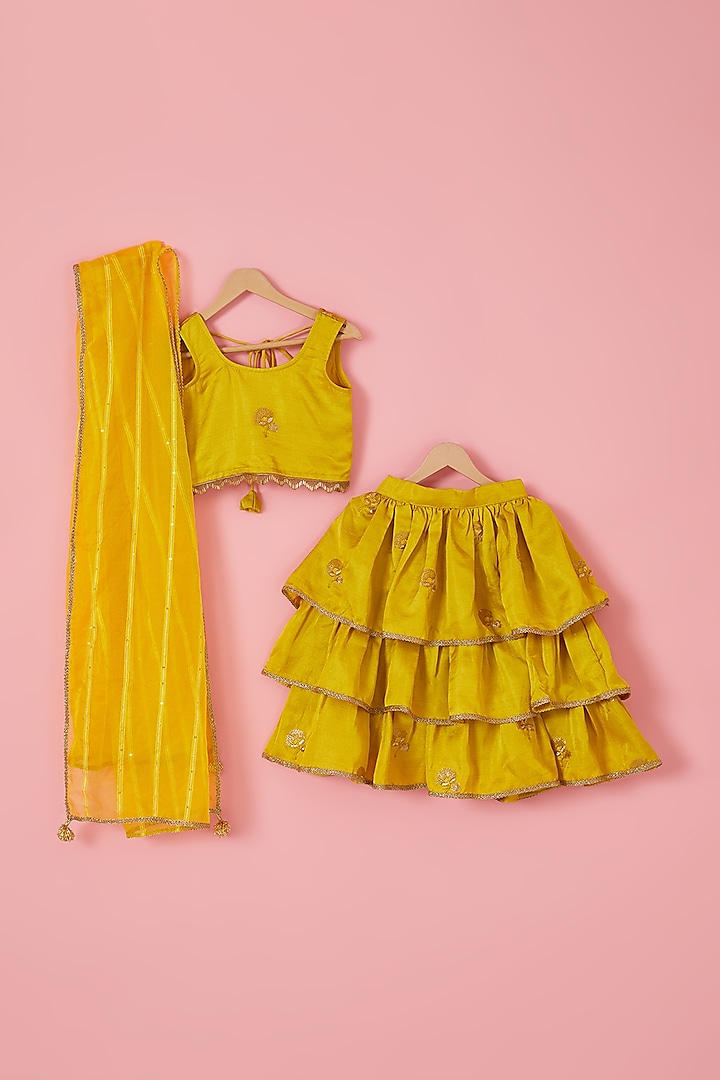 Yellow Blended Silk Sequins Embroidered Tiered Lehenga Set For Girls by Mei & Zu at Pernia's Pop Up Shop