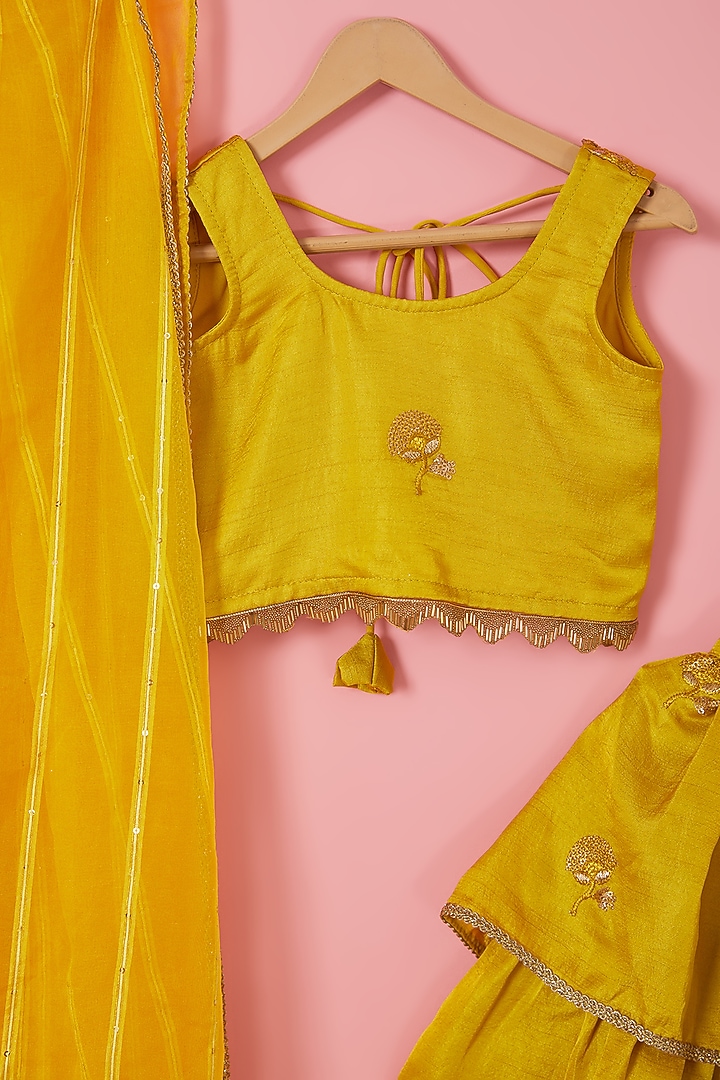 Yellow Blended Silk Sequins Embroidered Tiered Lehenga Set For Girls by Mei & Zu at Pernia's Pop Up Shop