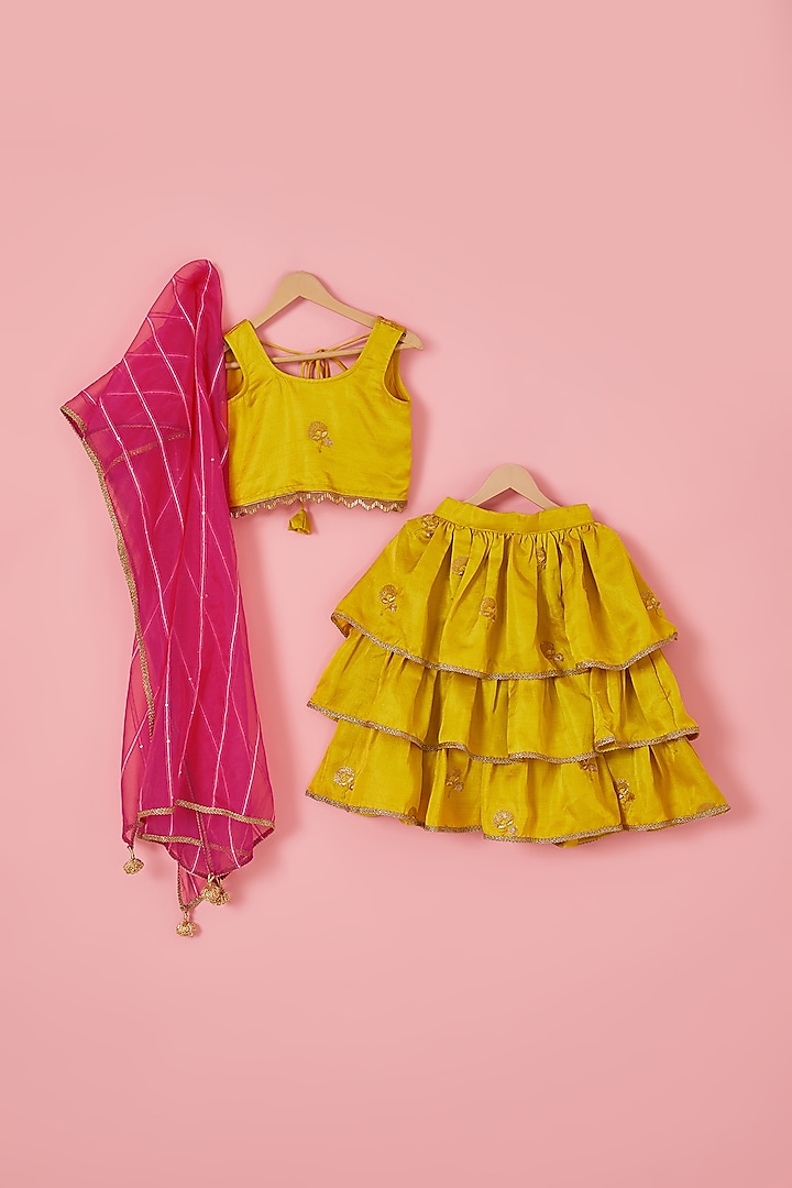 Yellow Blended Silk Thread Embroidered Tiered Lehenga Set For Girls by Mei & Zu at Pernia's Pop Up Shop