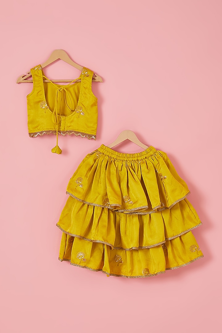 Yellow Blended Silk Thread Embroidered Tiered Lehenga Set For Girls by Mei & Zu at Pernia's Pop Up Shop
