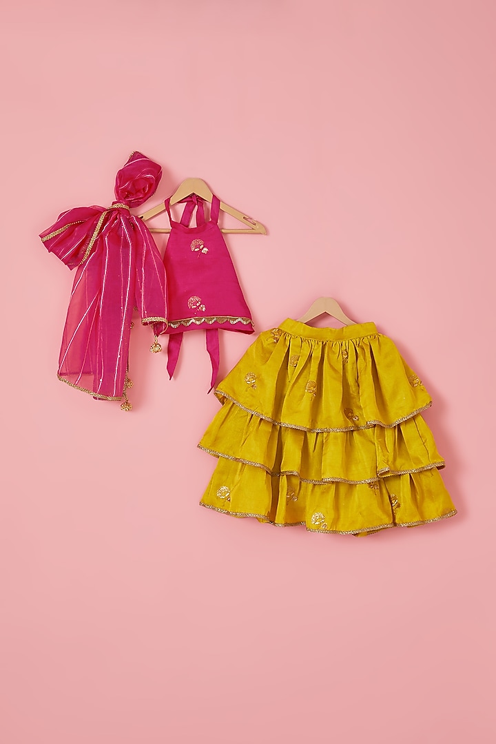 Yellow Blended Silk Thread Embroidered Tiered Lehenga Set For Girls by Mei & Zu at Pernia's Pop Up Shop