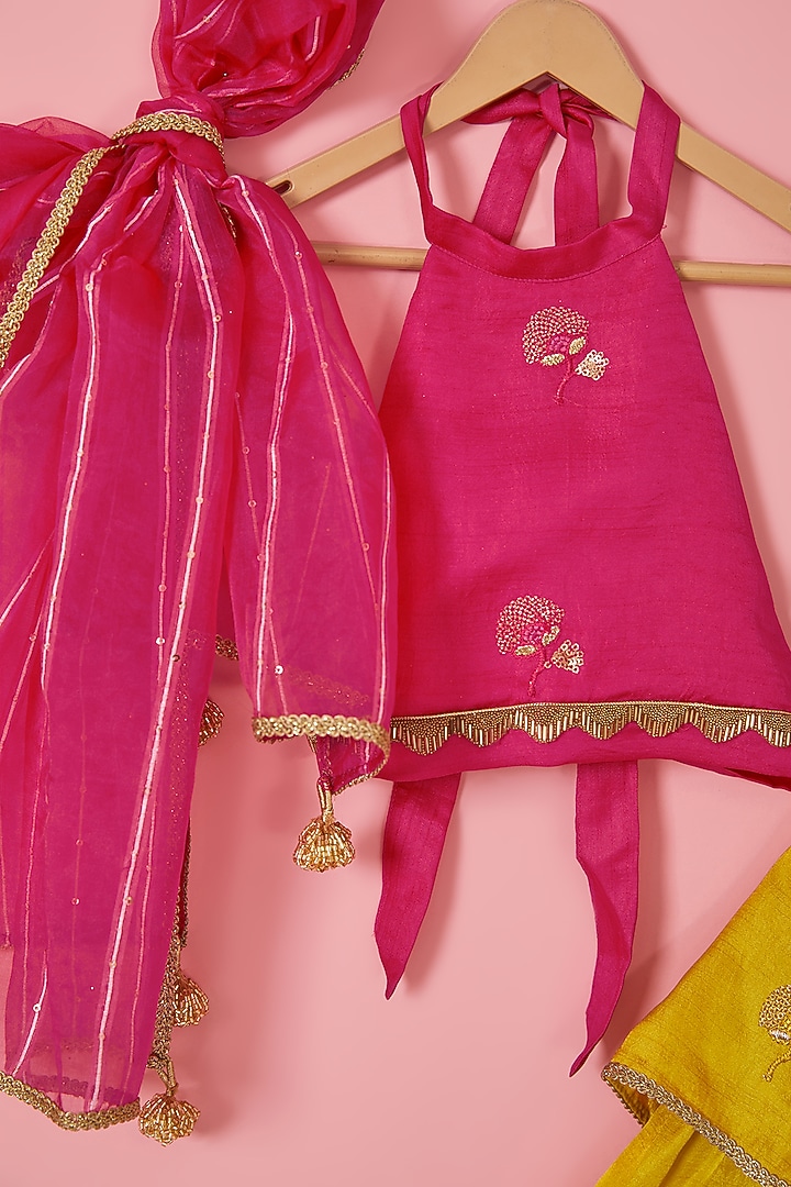Yellow Blended Silk Thread Embroidered Tiered Lehenga Set For Girls by Mei & Zu at Pernia's Pop Up Shop
