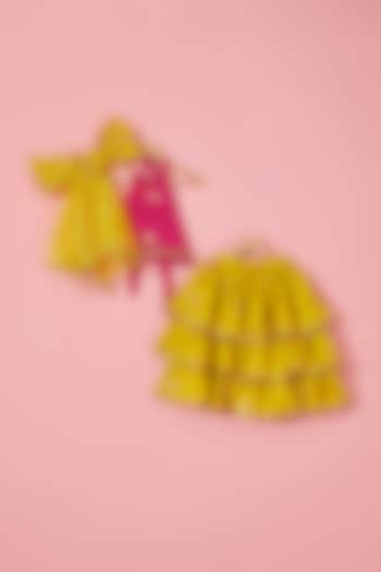 Yellow Blended Silk Thread Embroidered Tiered Lehenga Set For Girls by Mei & Zu at Pernia's Pop Up Shop