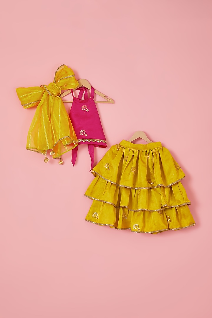 Yellow Blended Silk Thread Embroidered Tiered Lehenga Set For Girls by Mei & Zu at Pernia's Pop Up Shop