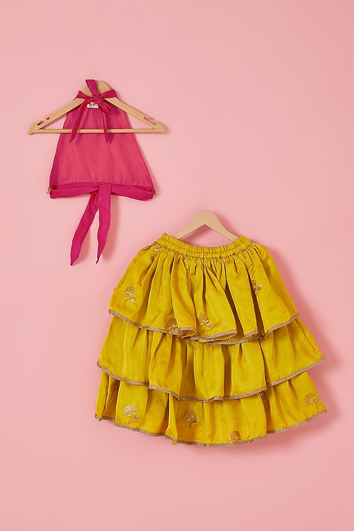 Yellow Blended Silk Thread Embroidered Tiered Lehenga Set For Girls by Mei & Zu at Pernia's Pop Up Shop