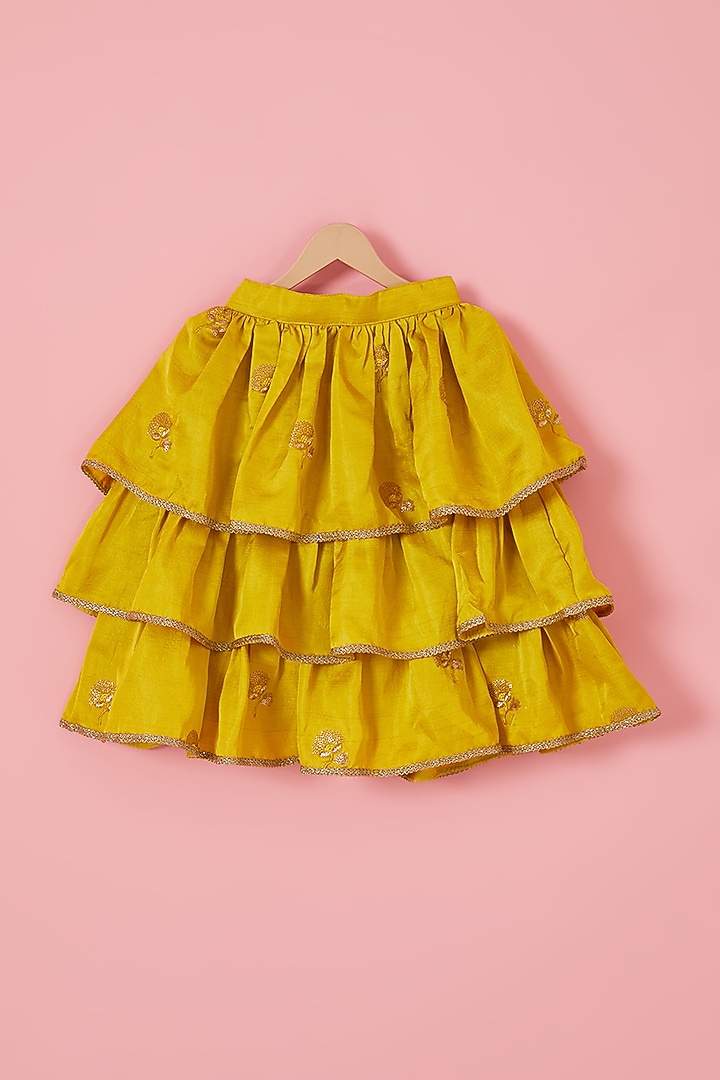 Yellow Blended Silk Thread Embroidered Tiered Lehenga Set For Girls by Mei & Zu at Pernia's Pop Up Shop