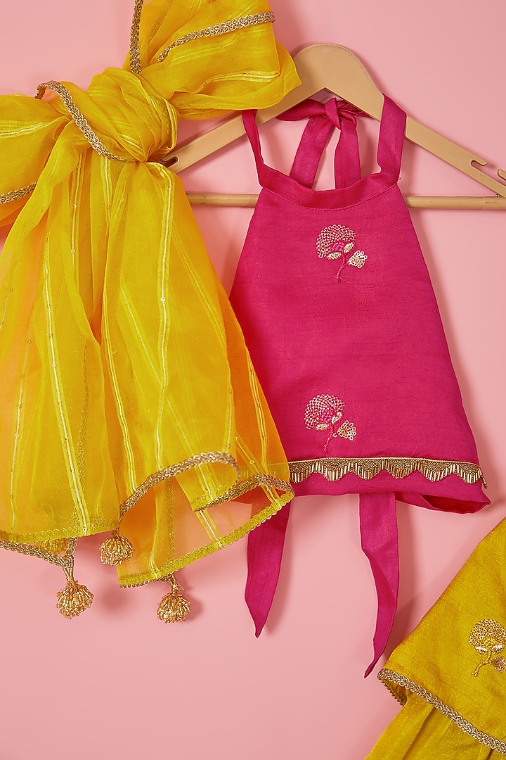Yellow Blended Silk Thread Embroidered Tiered Lehenga Set For Girls by Mei & Zu at Pernia's Pop Up Shop