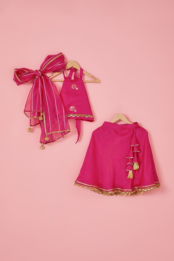Pink Blended Silk Tassels Embroidered Lehenga Set For Girls by Mei & Zu at Pernia's Pop Up Shop