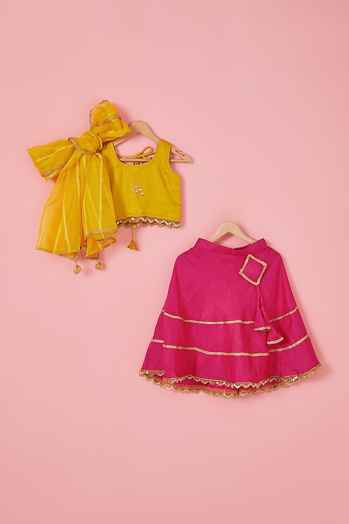 Pink Blended Silk Sequins Embroidered Lehenga Set For Girls by Mei & Zu