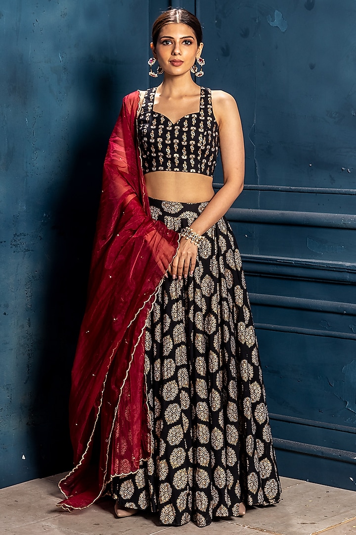 Black Cambric Cotton Block Printed Lehenga Set For Girls by Mei & Zu at Pernia's Pop Up Shop