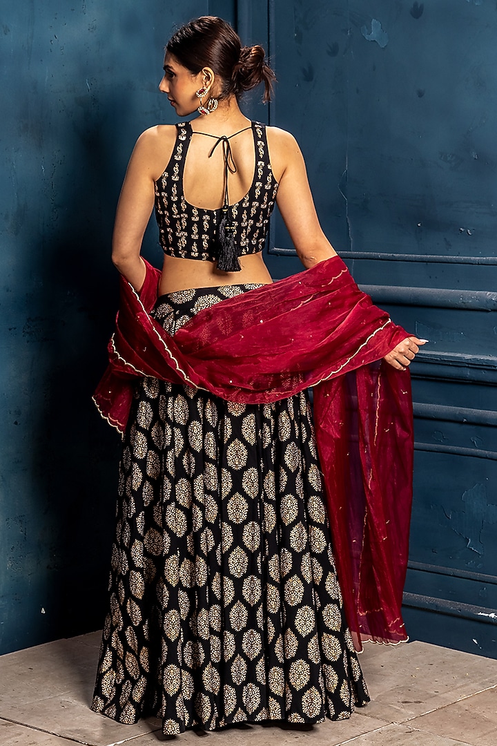 Black Cambric Cotton Block Printed Lehenga Set For Girls by Mei & Zu at Pernia's Pop Up Shop