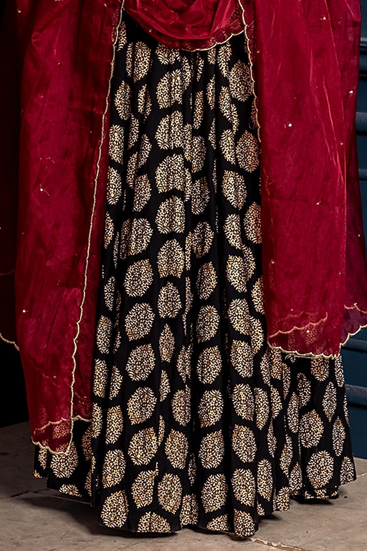 Black Cambric Cotton Block Printed Lehenga Set For Girls by Mei & Zu at Pernia's Pop Up Shop