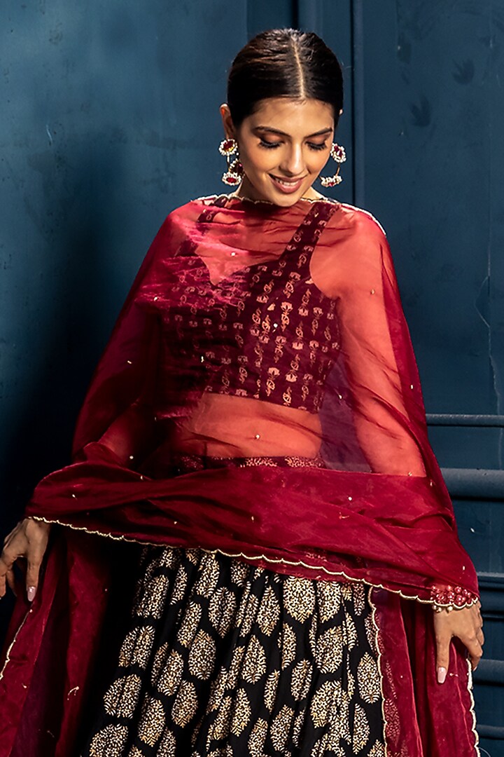 Black Cambric Cotton Block Printed Lehenga Set For Girls by Mei & Zu at Pernia's Pop Up Shop