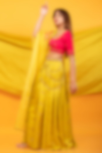 Canary Yellow Silk Blend Hand Embroidered Lehenga Set For Girls by Mei & Zu at Pernia's Pop Up Shop