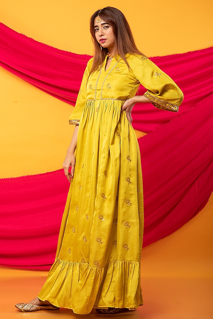 Canary Yellow Silk Blend Machine Embroidered Anarkali For Girls by Mei & Zu