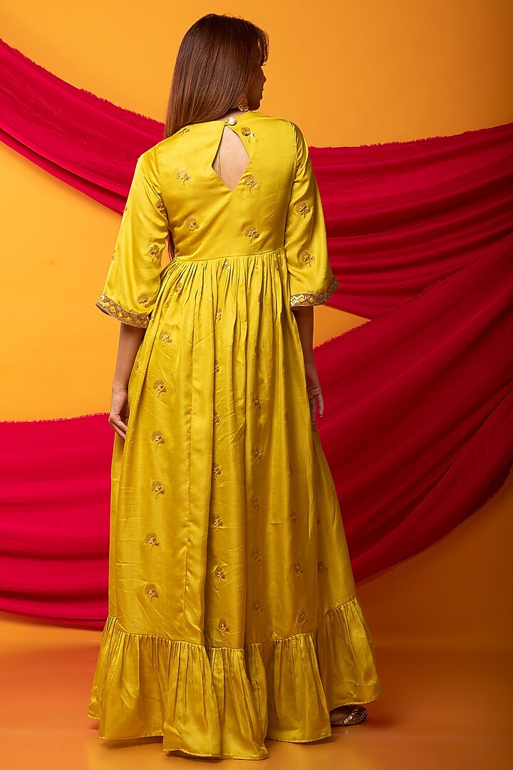 Canary Yellow Silk Blend Machine Embroidered Anarkali For Girls by Mei & Zu at Pernia's Pop Up Shop