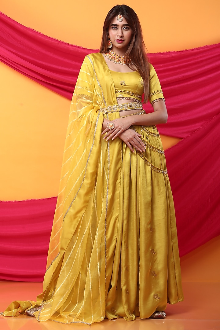 Canary Yellow Silk Blend Hand Embroidered Lehenga Set For Girls by Mei & Zu at Pernia's Pop Up Shop