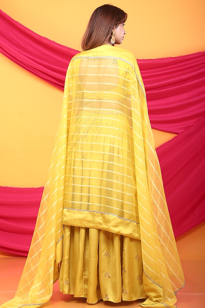 Canary Yellow Silk Blend Hand Embroidered Lehenga Set For Girls by Mei & Zu at Pernia's Pop Up Shop