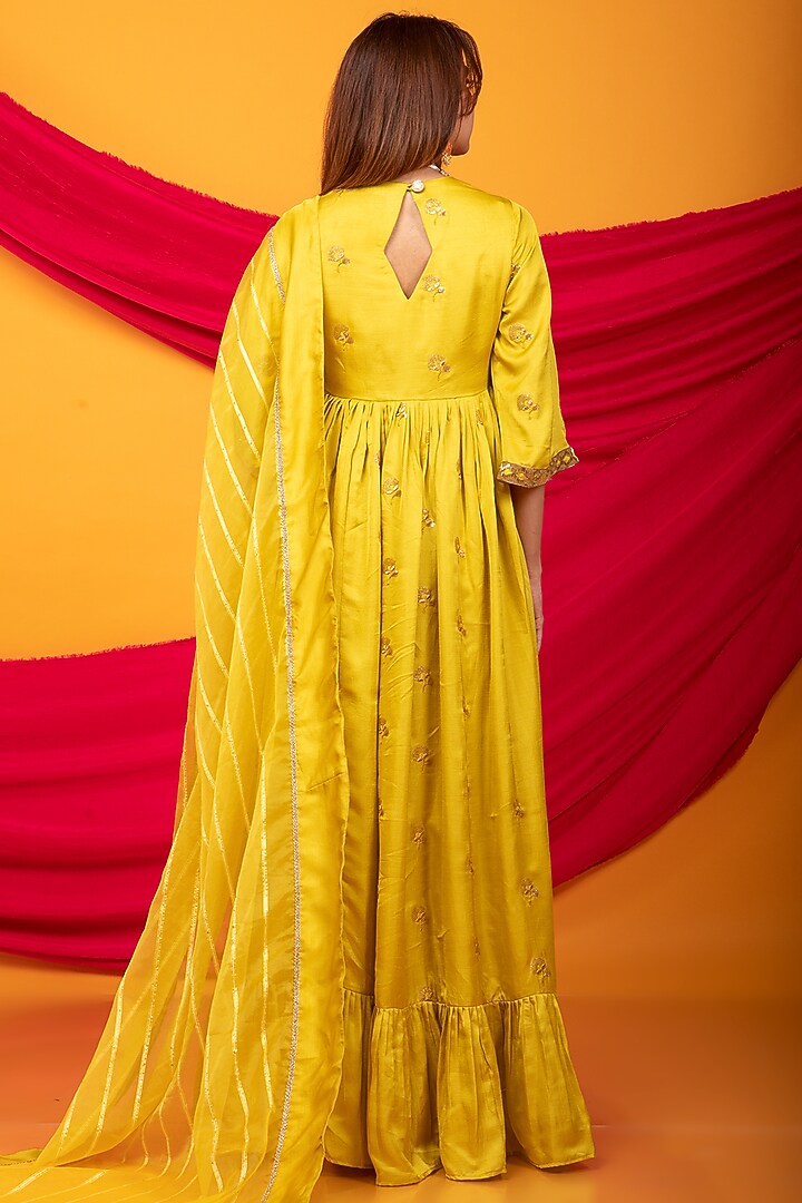 Yellow Silk Blend Machine Embroidered Anarkali Set For Girls by Mei & Zu at Pernia's Pop Up Shop