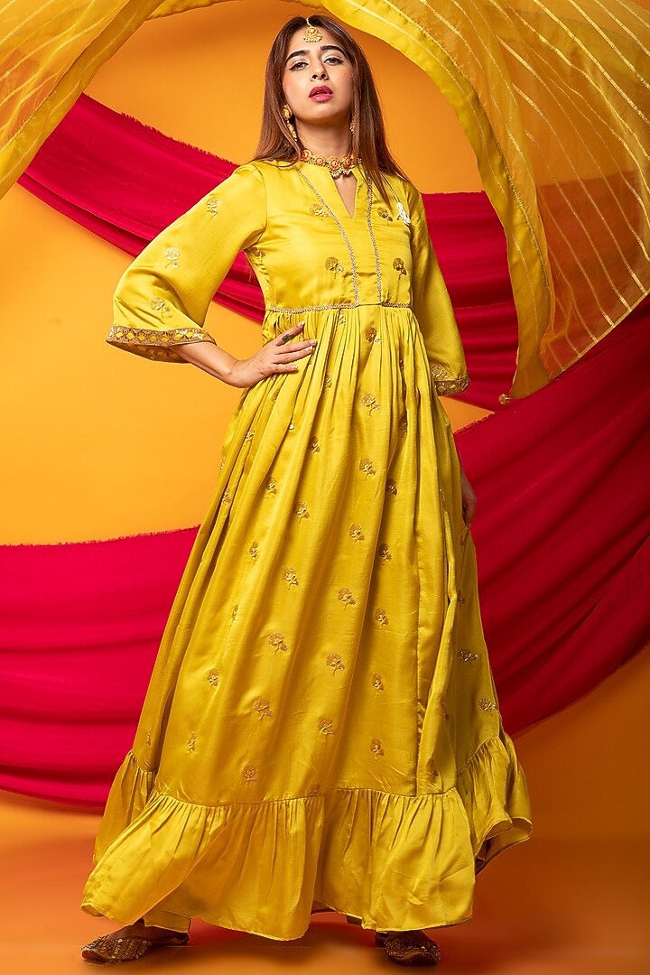 Yellow Silk Blend Machine Embroidered Anarkali Set For Girls by Mei & Zu at Pernia's Pop Up Shop