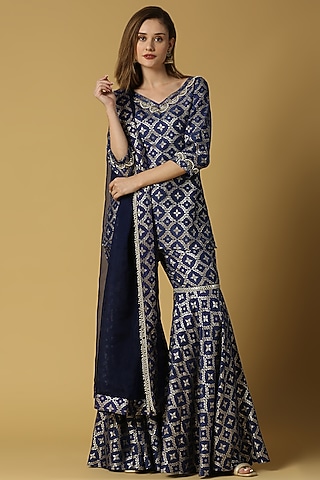 Deep Blue Brocade Gharar Set For Girls by Mei & Zu