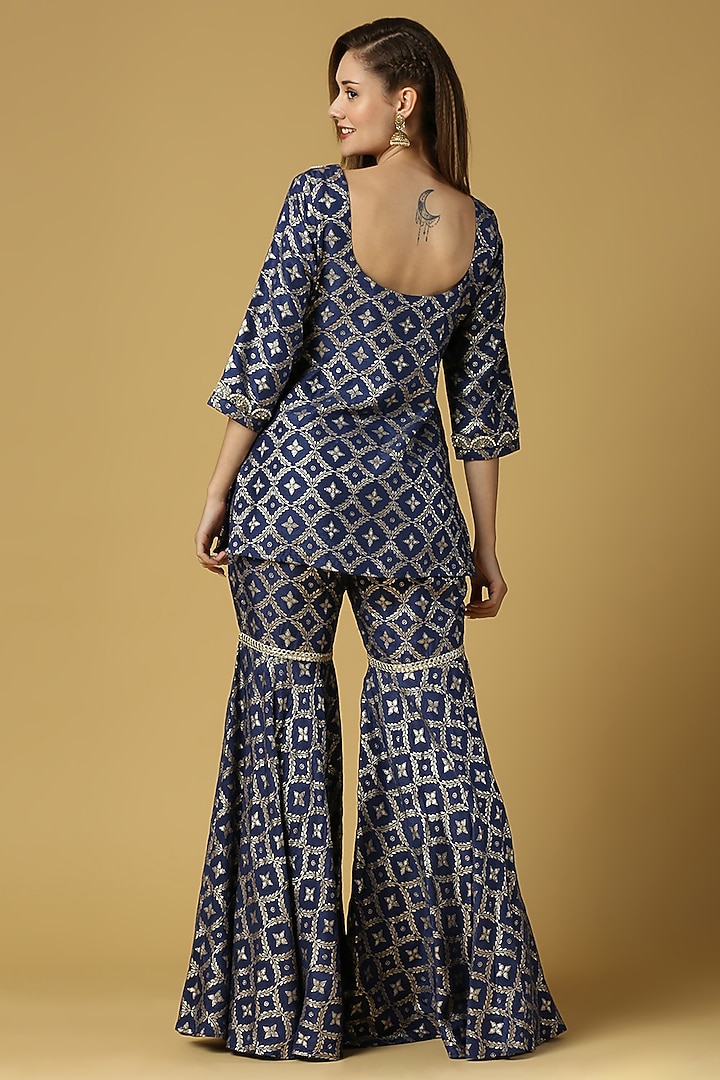 Deep Blue Brocade Gharar Set For Girls by Mei & Zu at Pernia's Pop Up Shop