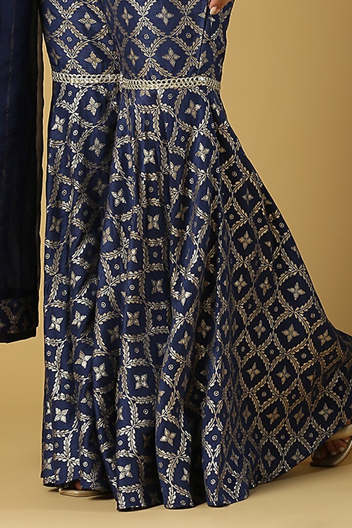 Deep Blue Brocade Gharar Set For Girls by Mei & Zu at Pernia's Pop Up Shop