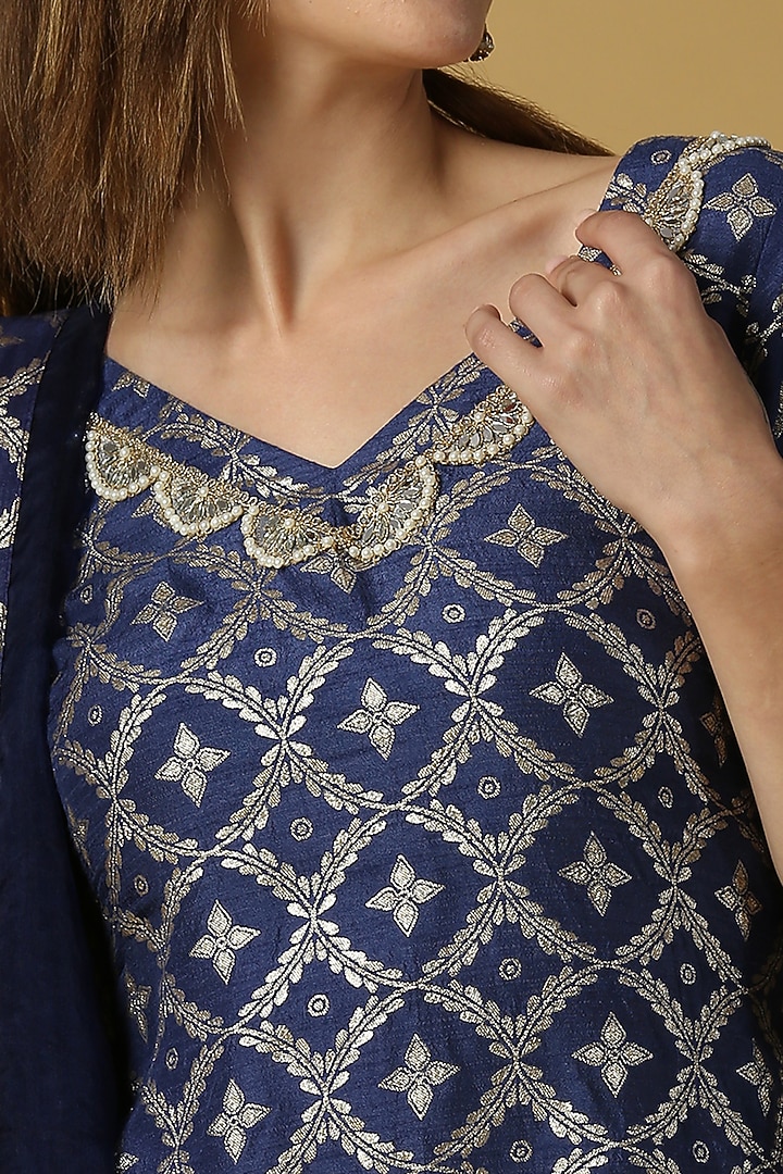 Deep Blue Brocade Gharar Set For Girls by Mei & Zu at Pernia's Pop Up Shop