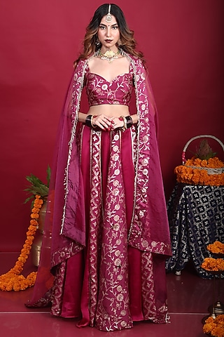 Plum Purple Brocade Lehenga Set For Girls by Mei & Zu