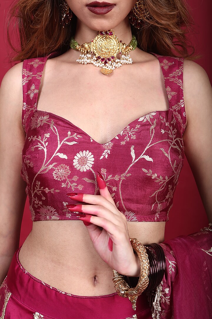Plum Purple Brocade Lehenga Set For Girls by Mei & Zu at Pernia's Pop Up Shop