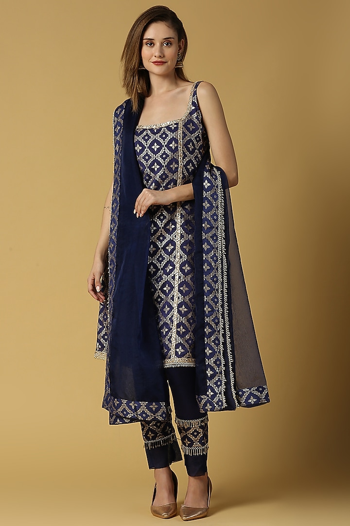 Deep Blue Brocade Kurta Set For Girls by Mei & Zu at Pernia's Pop Up Shop