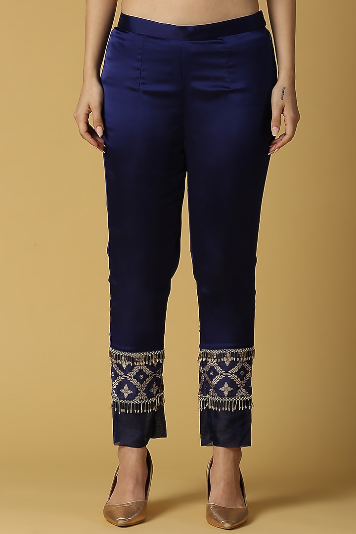 Deep Blue Brocade Kurta Set For Girls by Mei & Zu at Pernia's Pop Up Shop