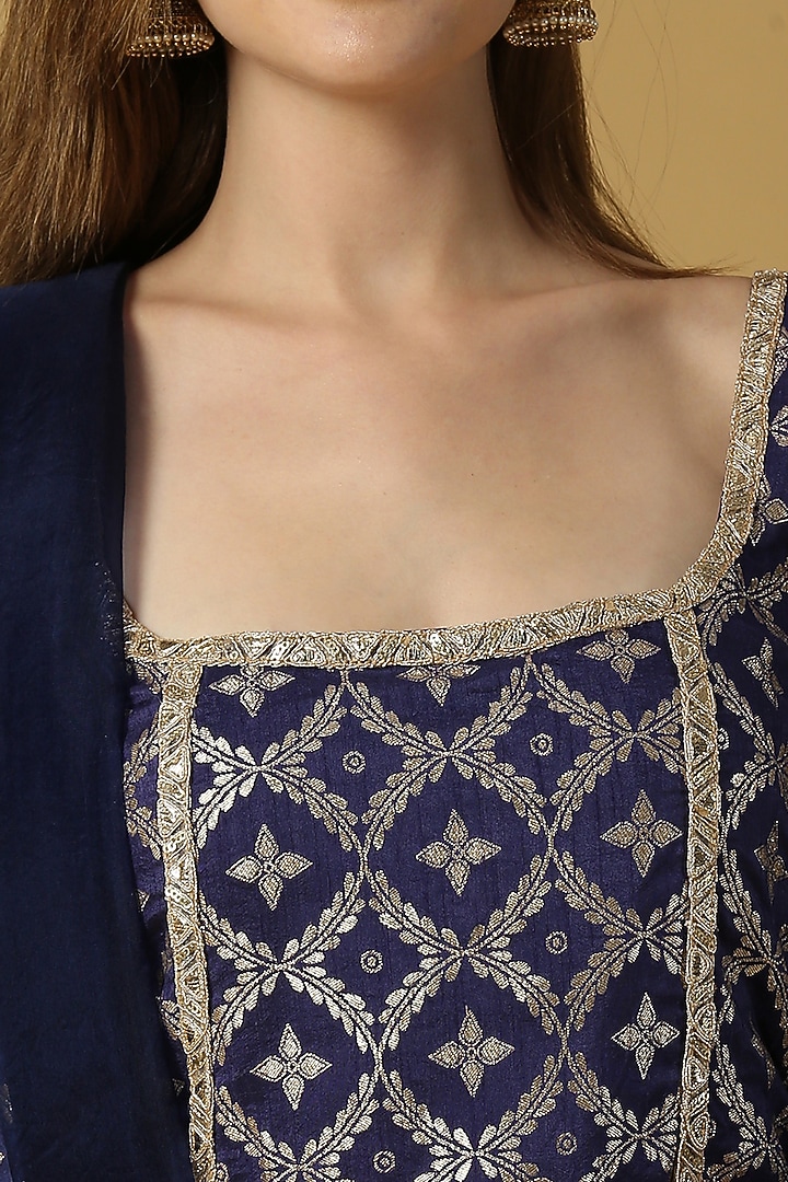Deep Blue Brocade Kurta Set For Girls by Mei & Zu at Pernia's Pop Up Shop