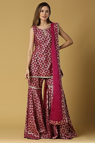 Plum Purple Brocade Gharara Set For Girls by Mei & Zu