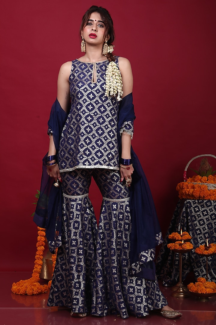 Deep Blue Brocade Sharara Set For Girls by Mei & Zu at Pernia's Pop Up Shop