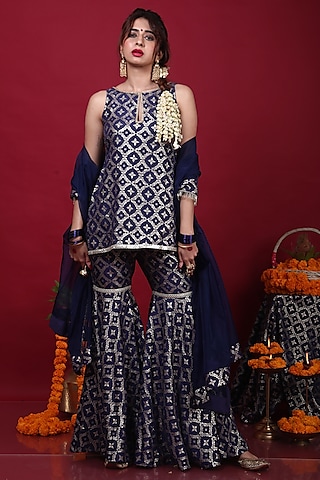 Deep Blue Brocade Sharara Set For Girls by Mei & Zu