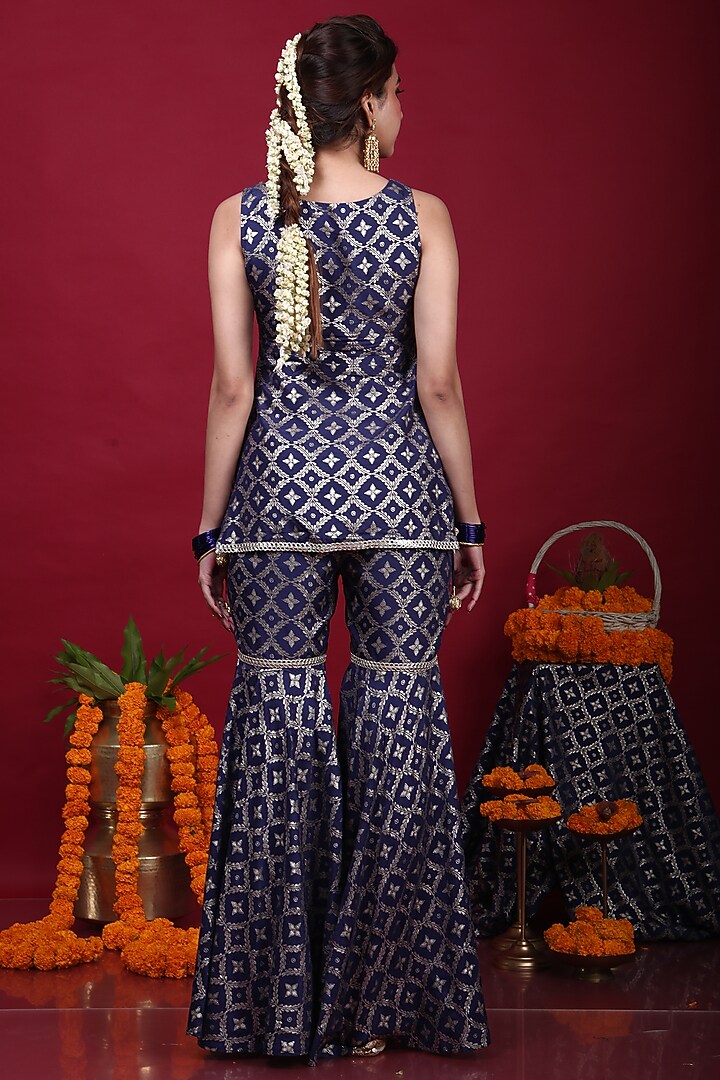 Deep Blue Brocade Sharara Set For Girls by Mei & Zu at Pernia's Pop Up Shop