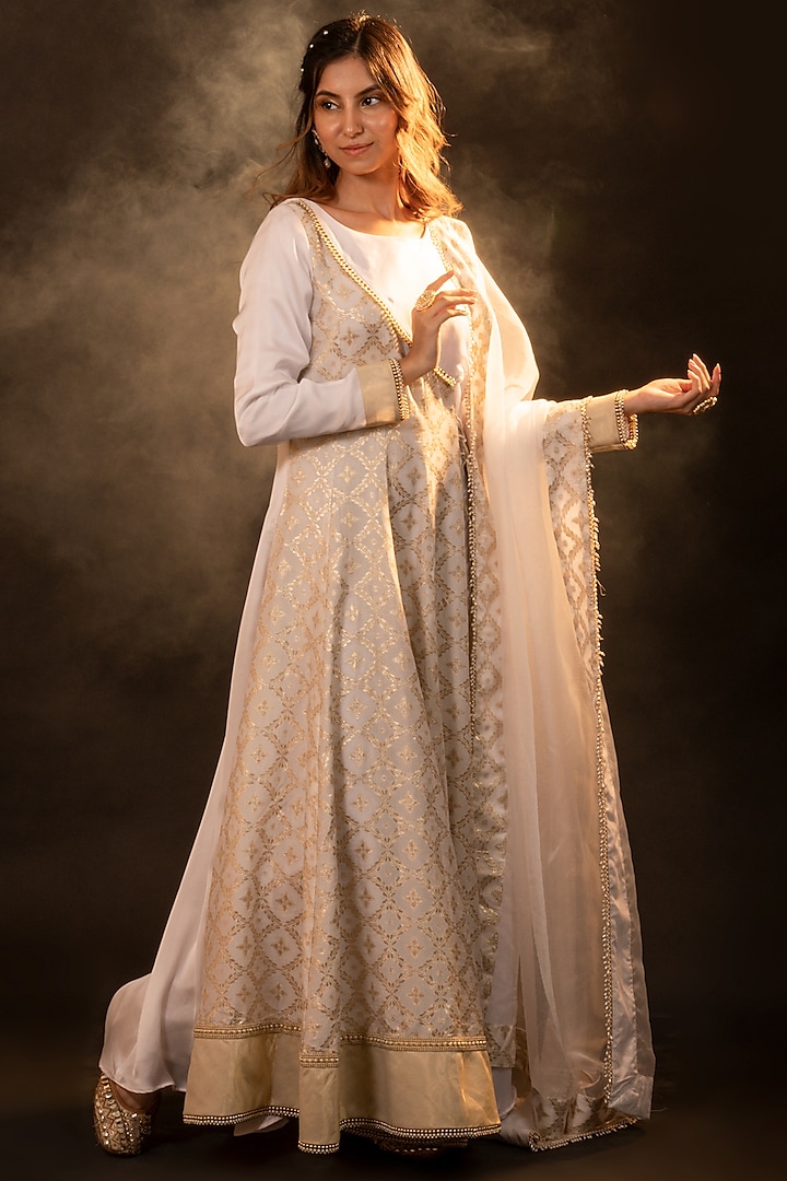 White Brocade & Satin Silk Blend Angrakha Anarkali Set For Girls by Mei & Zu