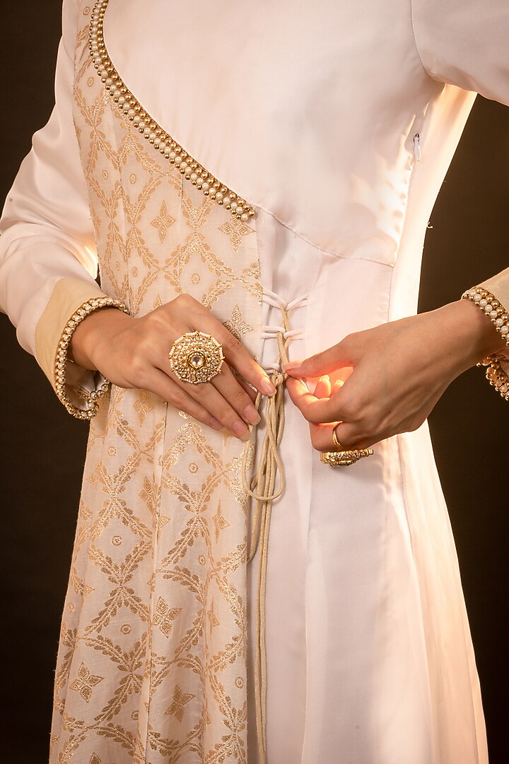 White Brocade & Satin Silk Blend Angrakha Anarkali For Girls by Mei & Zu at Pernia's Pop Up Shop